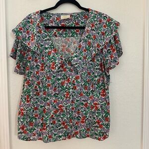 Anthropologie Maeve Floral Button-Front Blouse - Red, Green, Purple on White